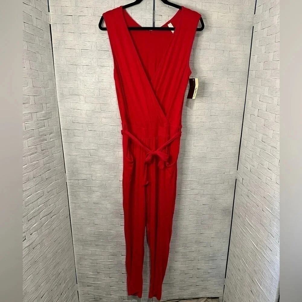 Loveapella Tie Waist Belted‎ Jumpsuit red size Large